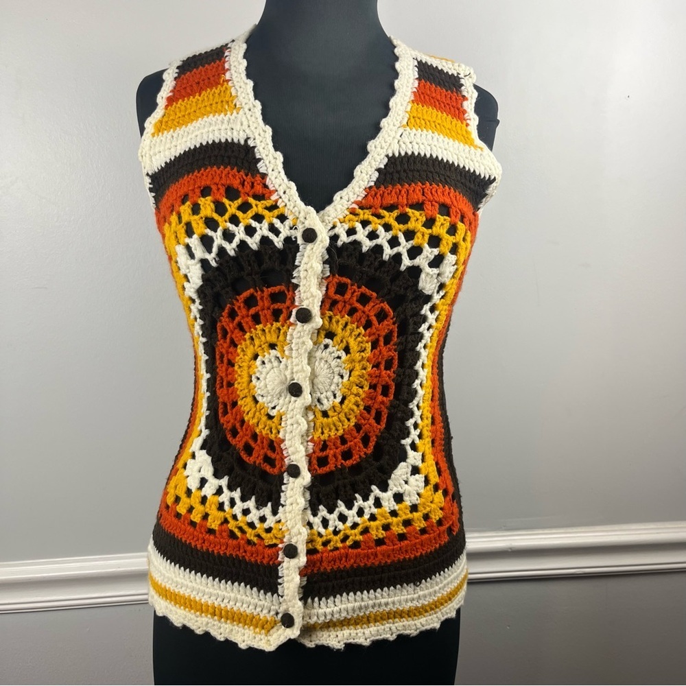 1970s vintage Zado crochet orange brown button front vest size small